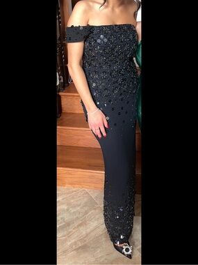 Oh Polly Black One-Shoulder Sequin & Bead Column Gown